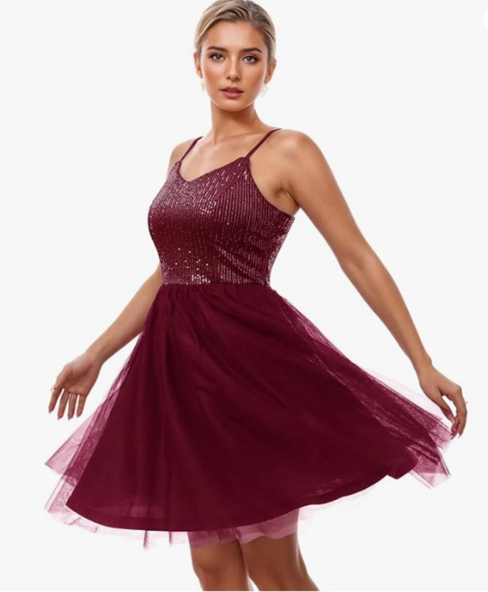 Burgundy Sequin Bodice Tulle Skirt Mini Dress - Large